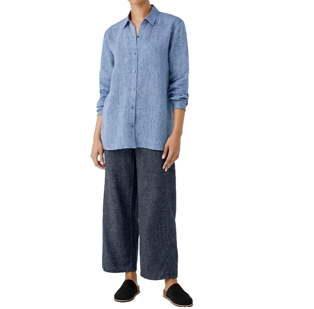 Eileen Fisher Womens Button Down Shirt PM Organic Linen Delave Heather Lavender